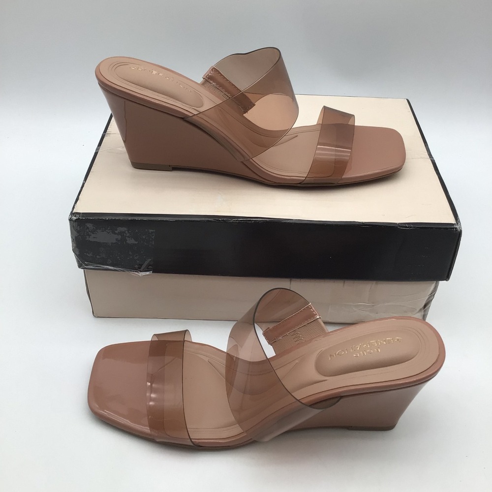 BCBG Generation Lulan Mocha Transparent Wedge Sandals Square Toe Size 8.5M NEW